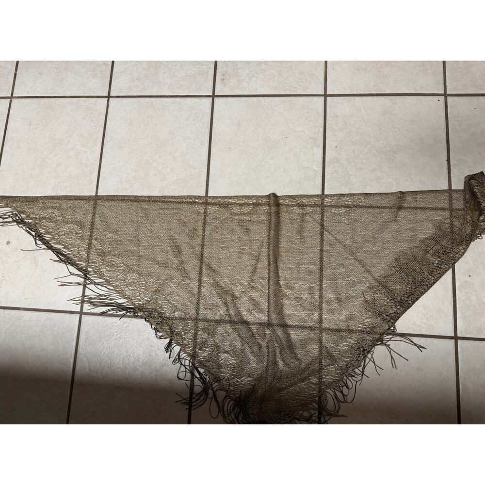 Knit Filet Shawl Scarf Wrap Fringe Boho Festival Romantic Gran 70s Gold Black